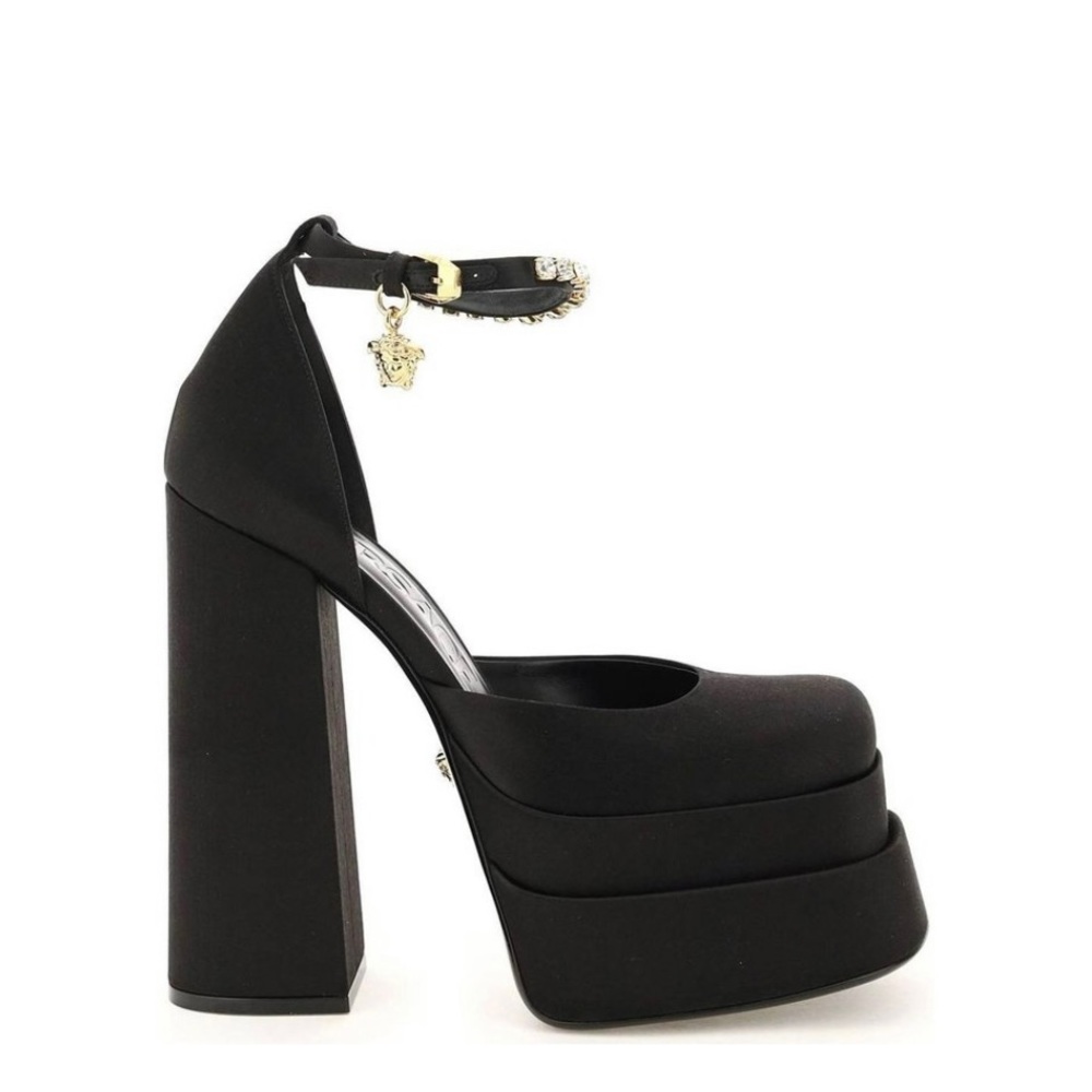 NEW!!! Versace Medusa Head Charm Satin Platform Pumps